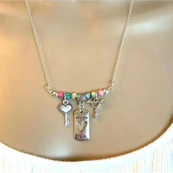 FOLLOW YOUR HEART Gemstone Beaded Silver Plate Chain Bar Charm Necklace 19” - Picture 2 of 6